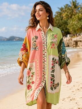 Agua Bendita Cream Floral Tagged Shirt Dress Cover Up Size L NWT